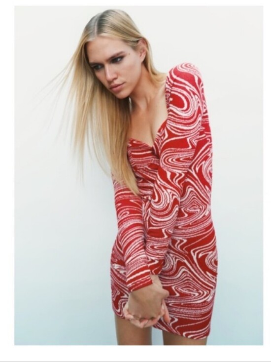 Zara Dresses & Skirts - ZARA Jacquard Red Swirl Mini Dress Knit Long Sleeve Medium Sweetheart Bodycon